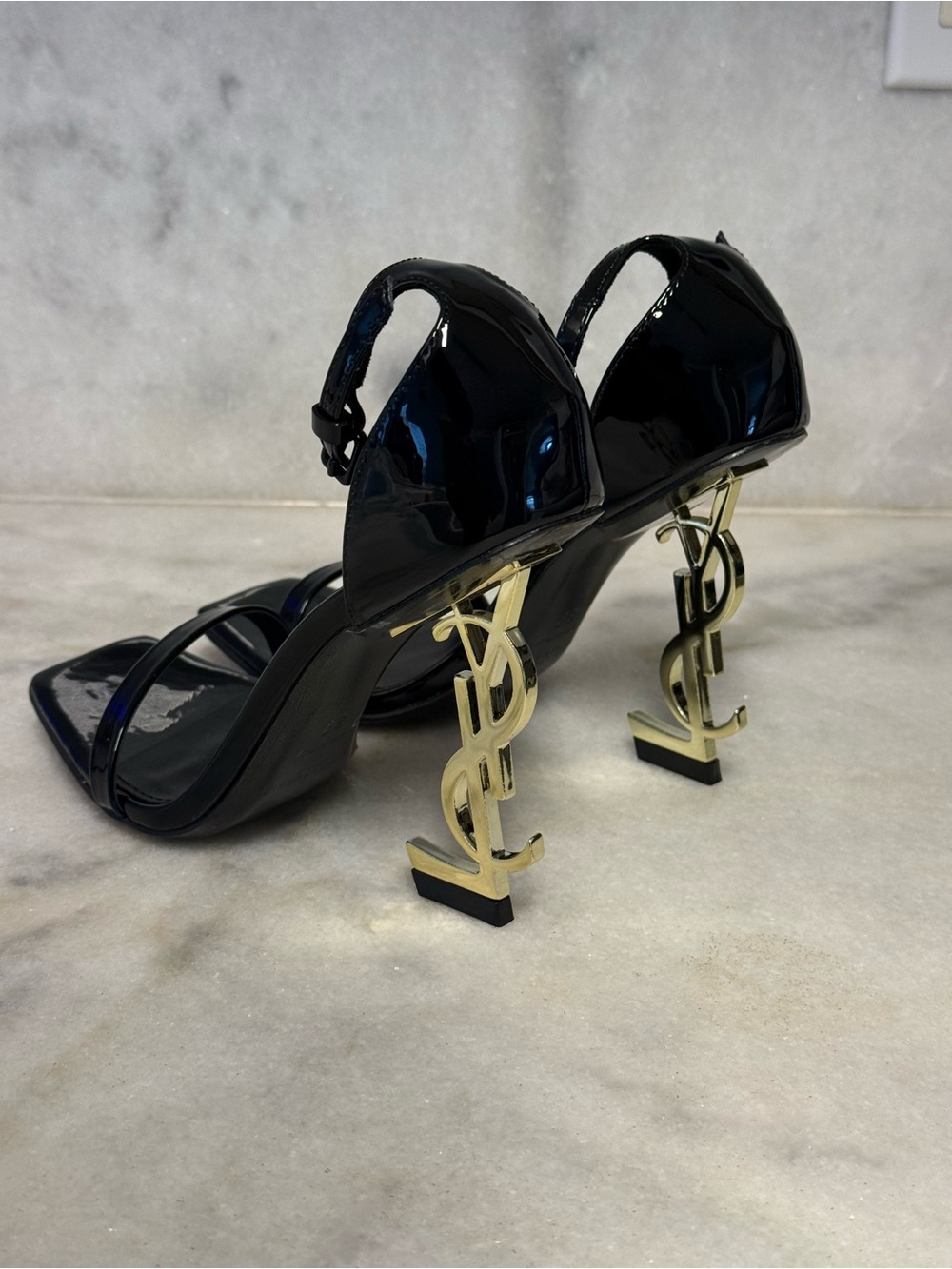 Saint Laurent Black Patent Sandals with Gold YSL Logo Heel - Picture 4 of 4